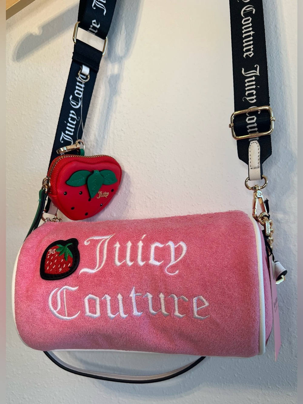 Juicy Couture Pink Velvet Barrel Bag with Strawberry Coin Charm - Picture 3 of 5